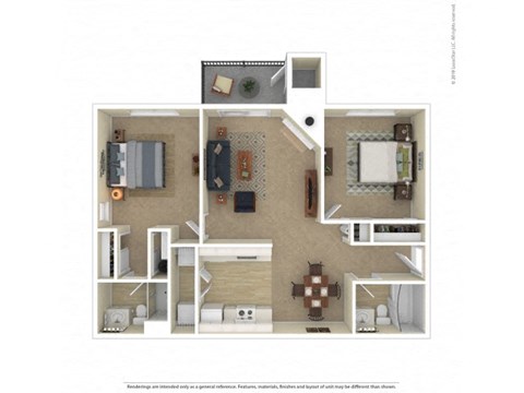 Floor plan for 2 beds, 2 baths, 908 sqft
